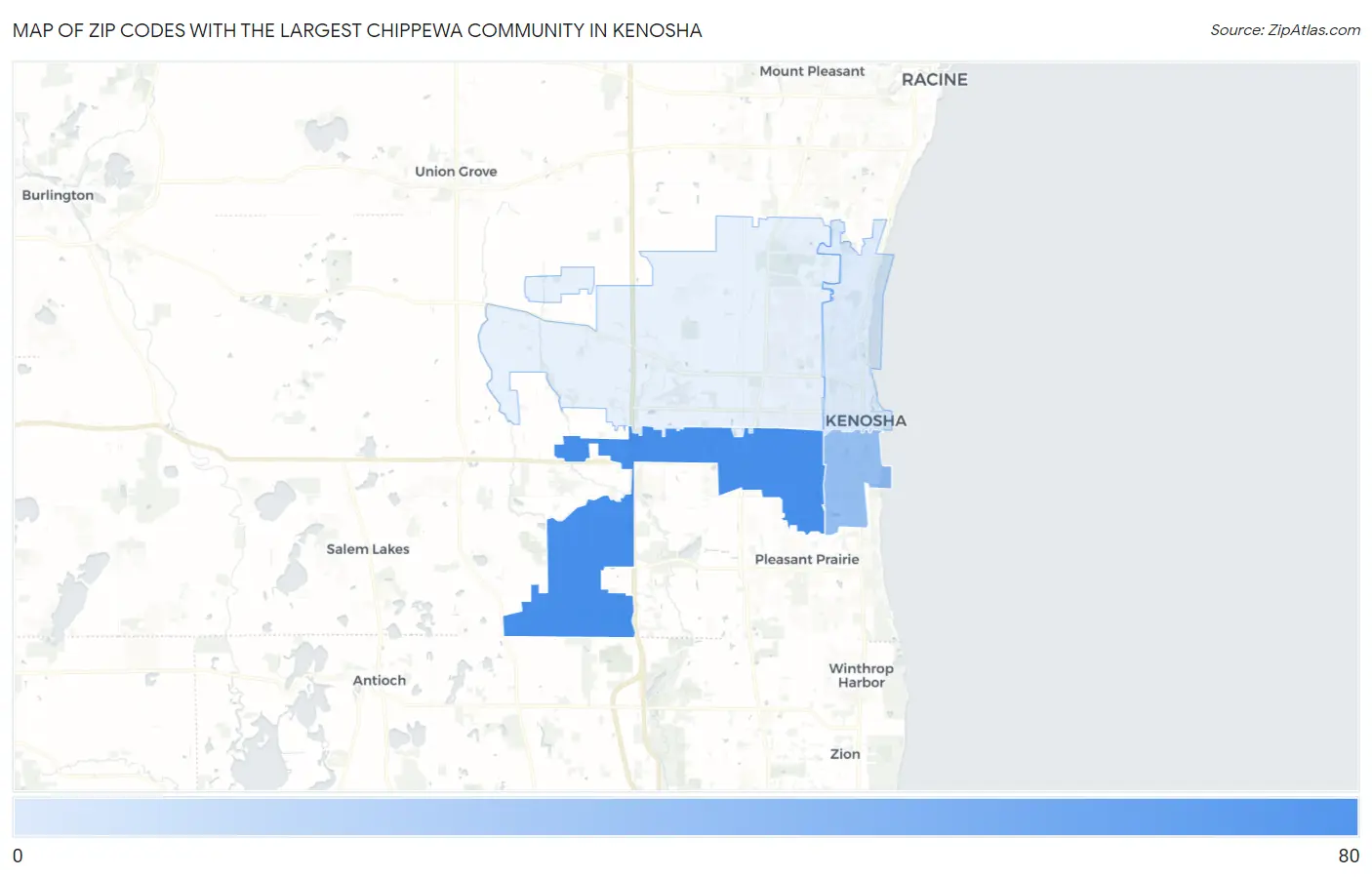 Zip Codes with the Largest Chippewa Community in Kenosha Map