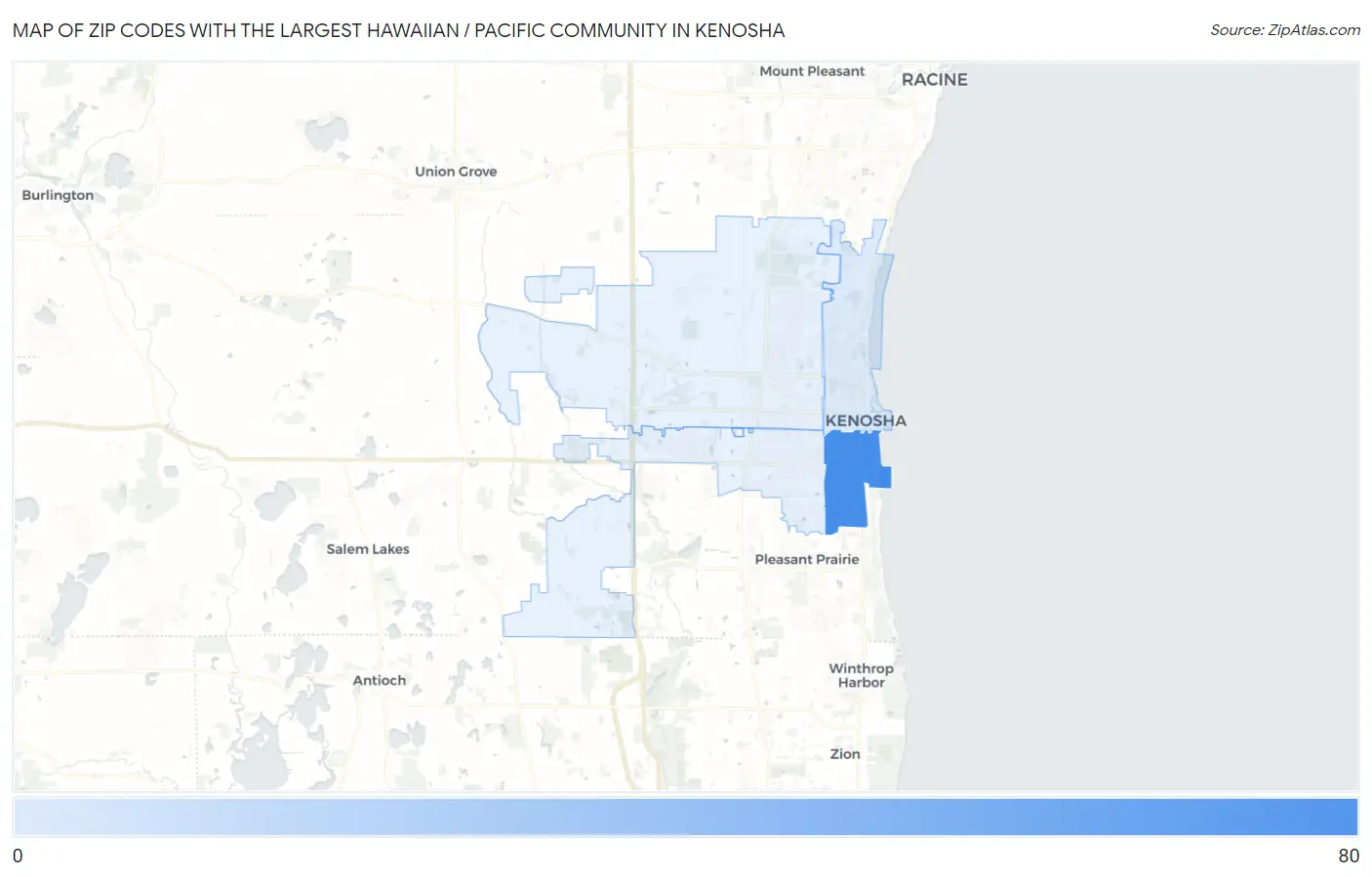 Zip Codes with the Largest Hawaiian / Pacific Community in Kenosha Map