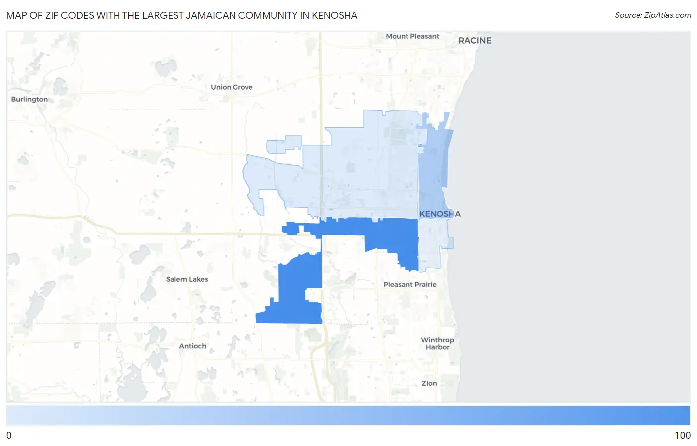 Zip Codes with the Largest Jamaican Community in Kenosha Map