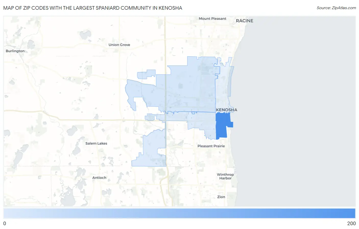 Zip Codes with the Largest Spaniard Community in Kenosha Map