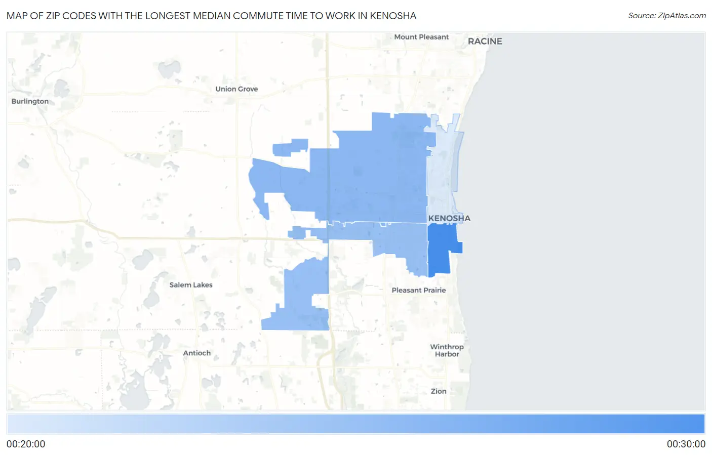 Zip Codes with the Longest Median Commute Time to Work in Kenosha Map