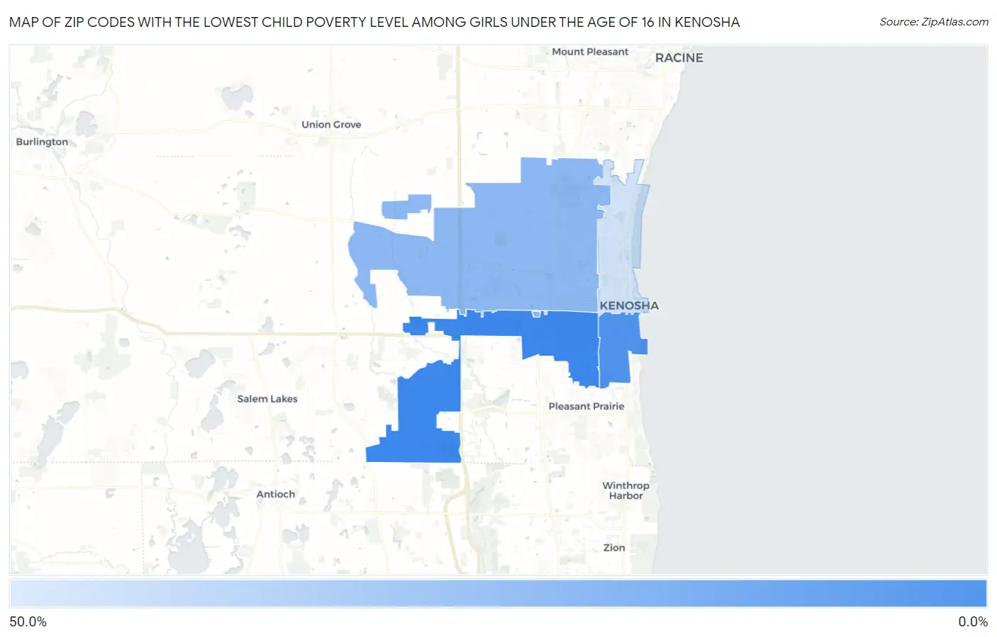 Zip Codes with the Lowest Child Poverty Level Among Girls Under the Age of 16 in Kenosha Map