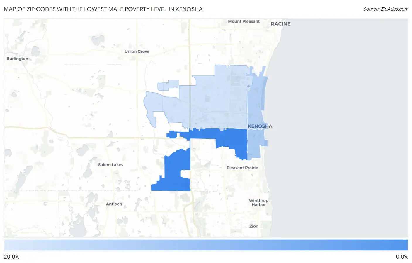 Zip Codes with the Lowest Male Poverty Level in Kenosha Map