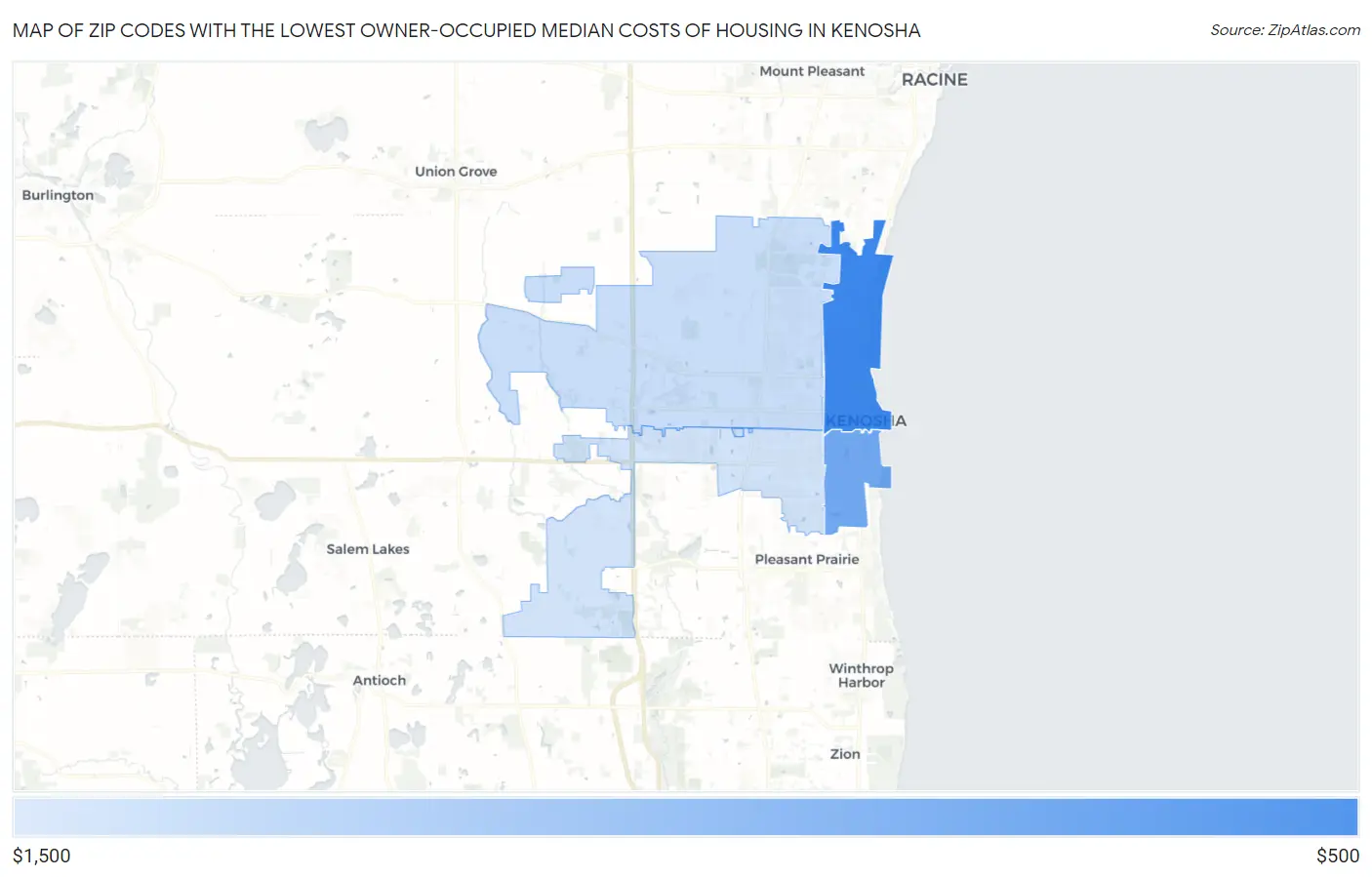 Zip Codes with the Lowest Owner-Occupied Median Costs of Housing in Kenosha Map