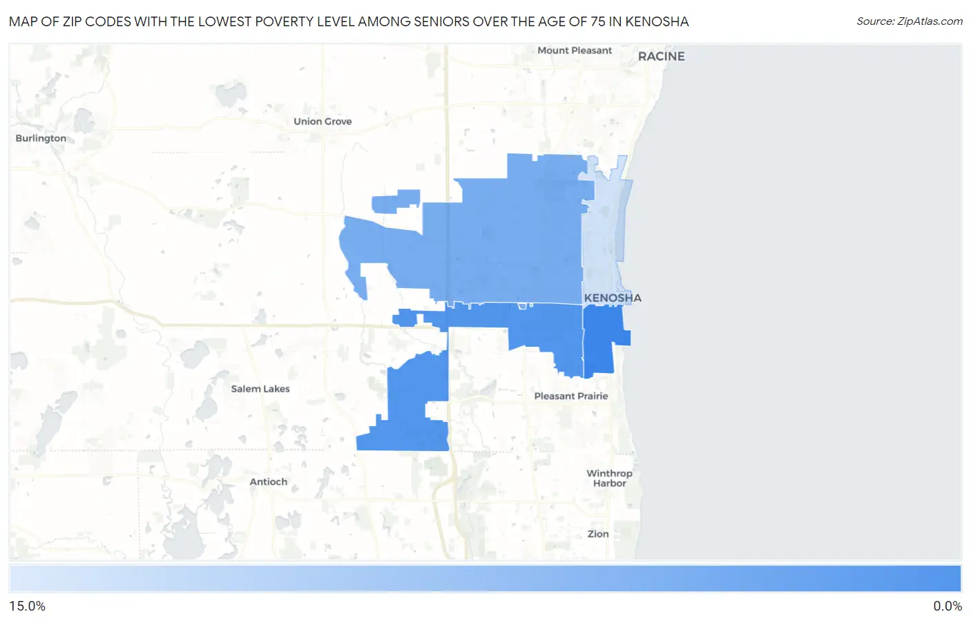 Zip Codes with the Lowest Poverty Level Among Seniors Over the Age of 75 in Kenosha Map