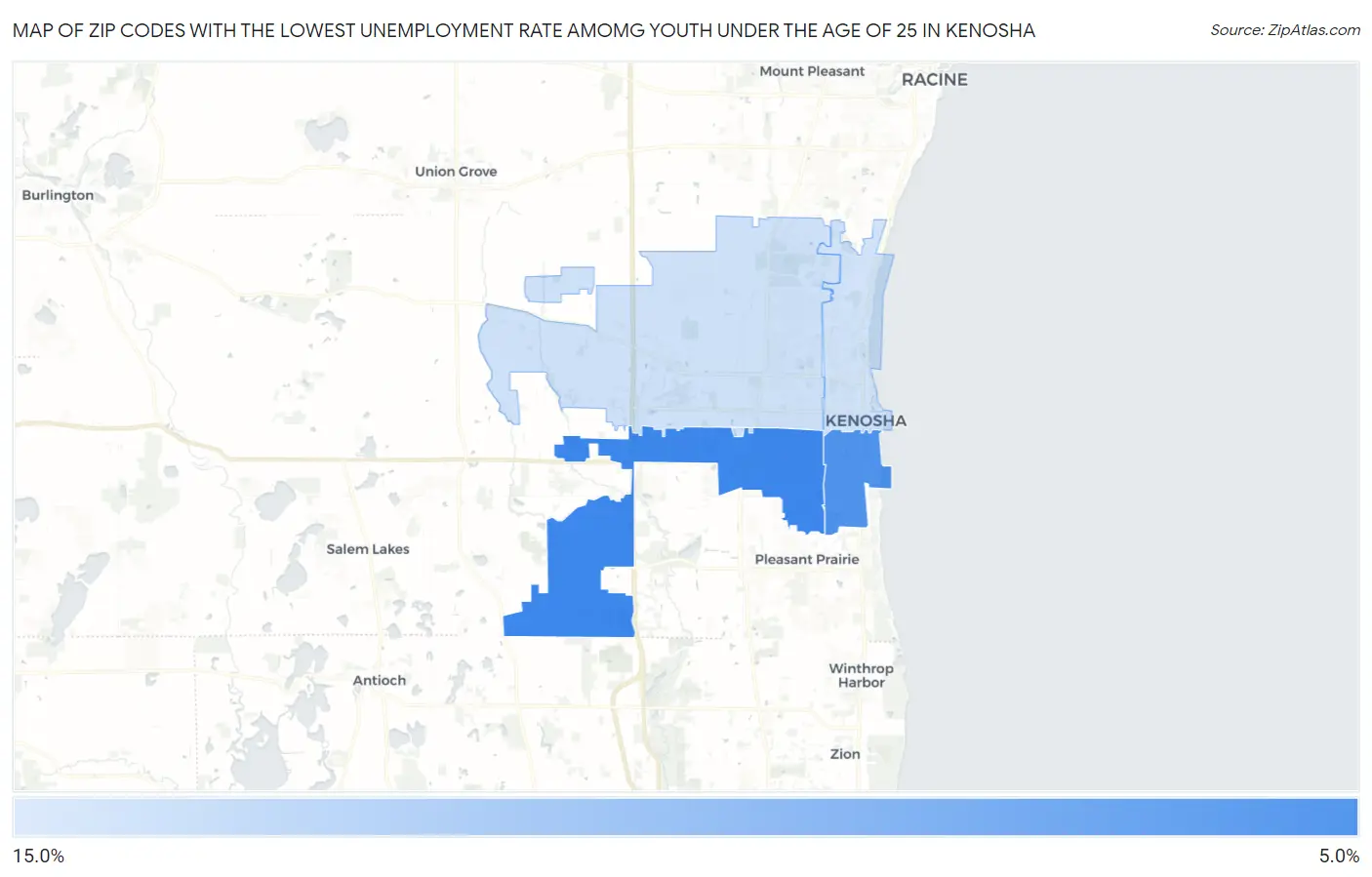 Zip Codes with the Lowest Unemployment Rate Amomg Youth Under the Age of 25 in Kenosha Map