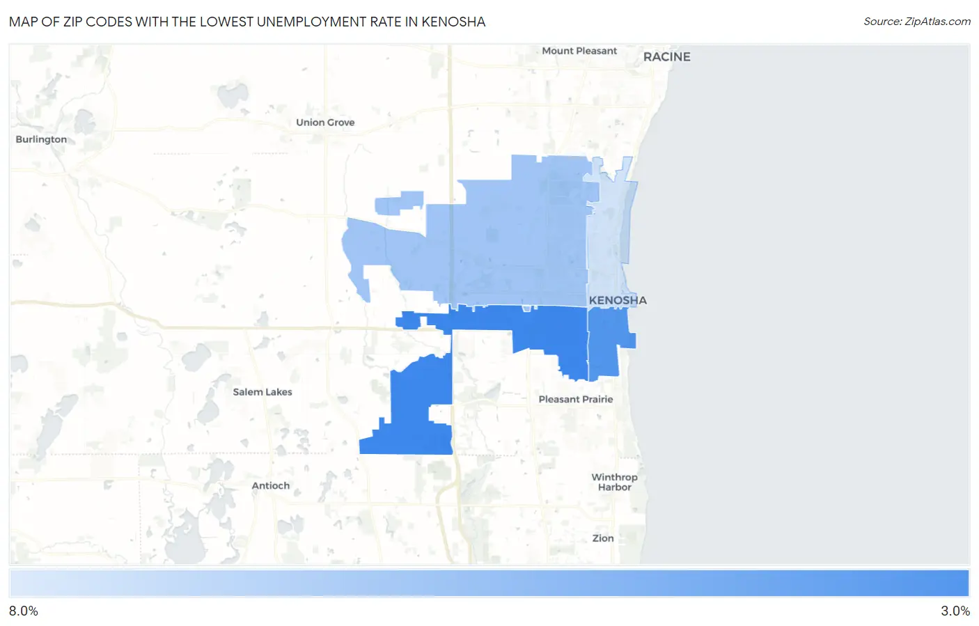 Zip Codes with the Lowest Unemployment Rate in Kenosha Map