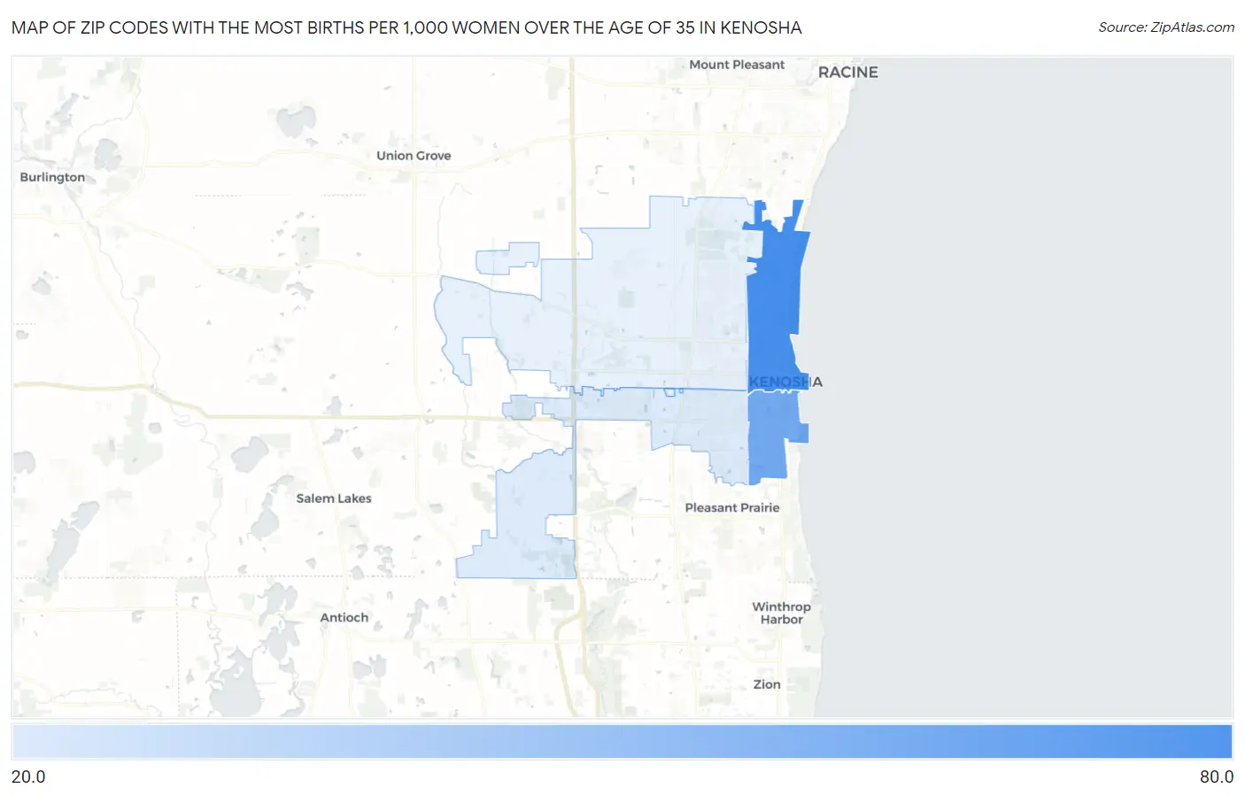 Zip Codes with the Most Births per 1,000 Women Over the Age of 35 in Kenosha Map