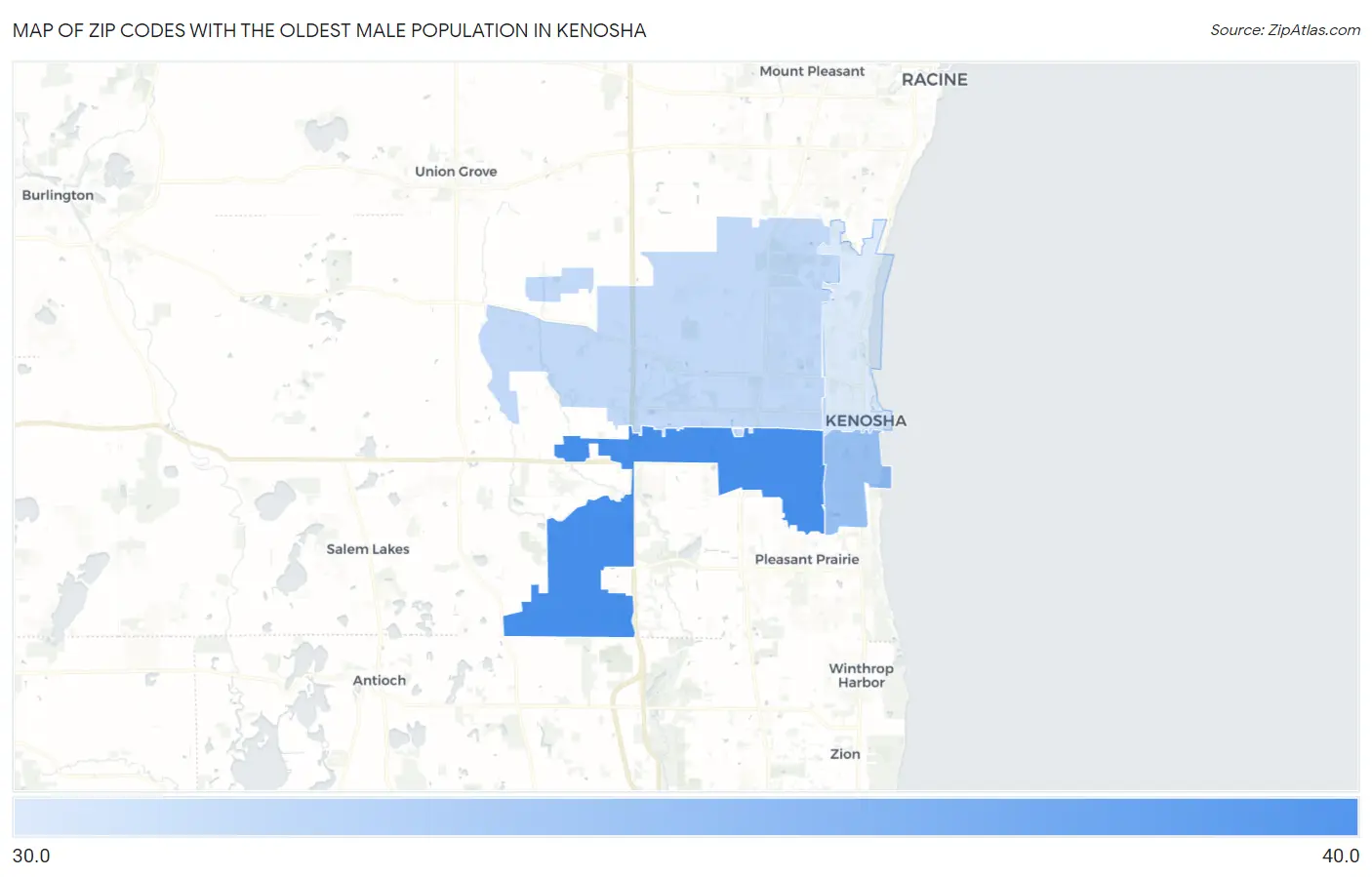 Zip Codes with the Oldest Male Population in Kenosha Map