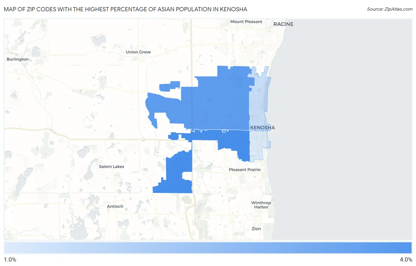 Zip Codes with the Highest Percentage of Asian Population in Kenosha Map