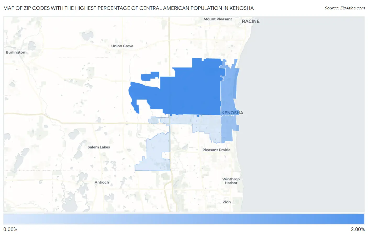 Zip Codes with the Highest Percentage of Central American Population in Kenosha Map