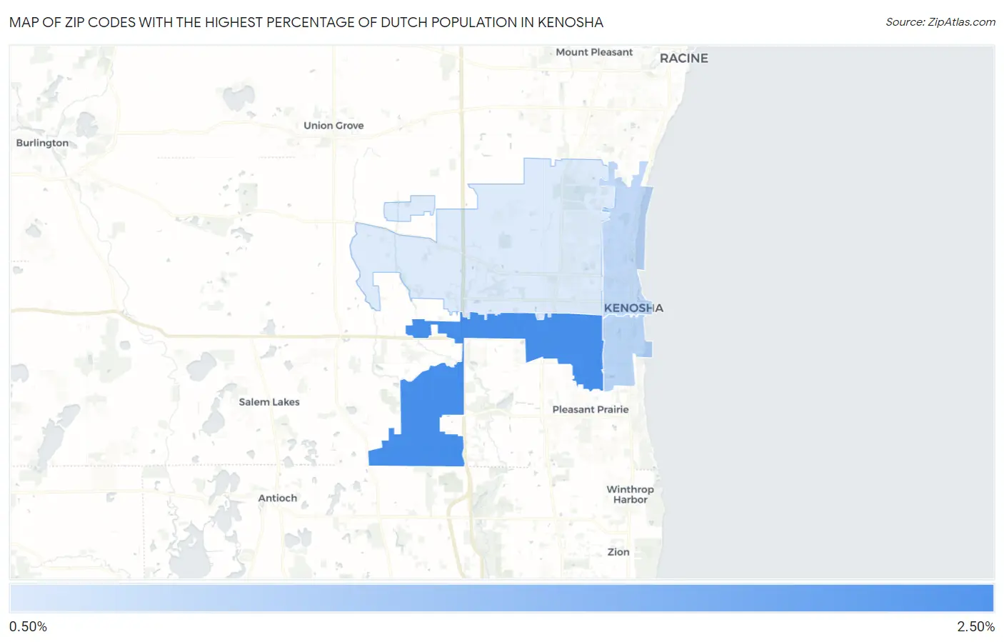 Zip Codes with the Highest Percentage of Dutch Population in Kenosha Map