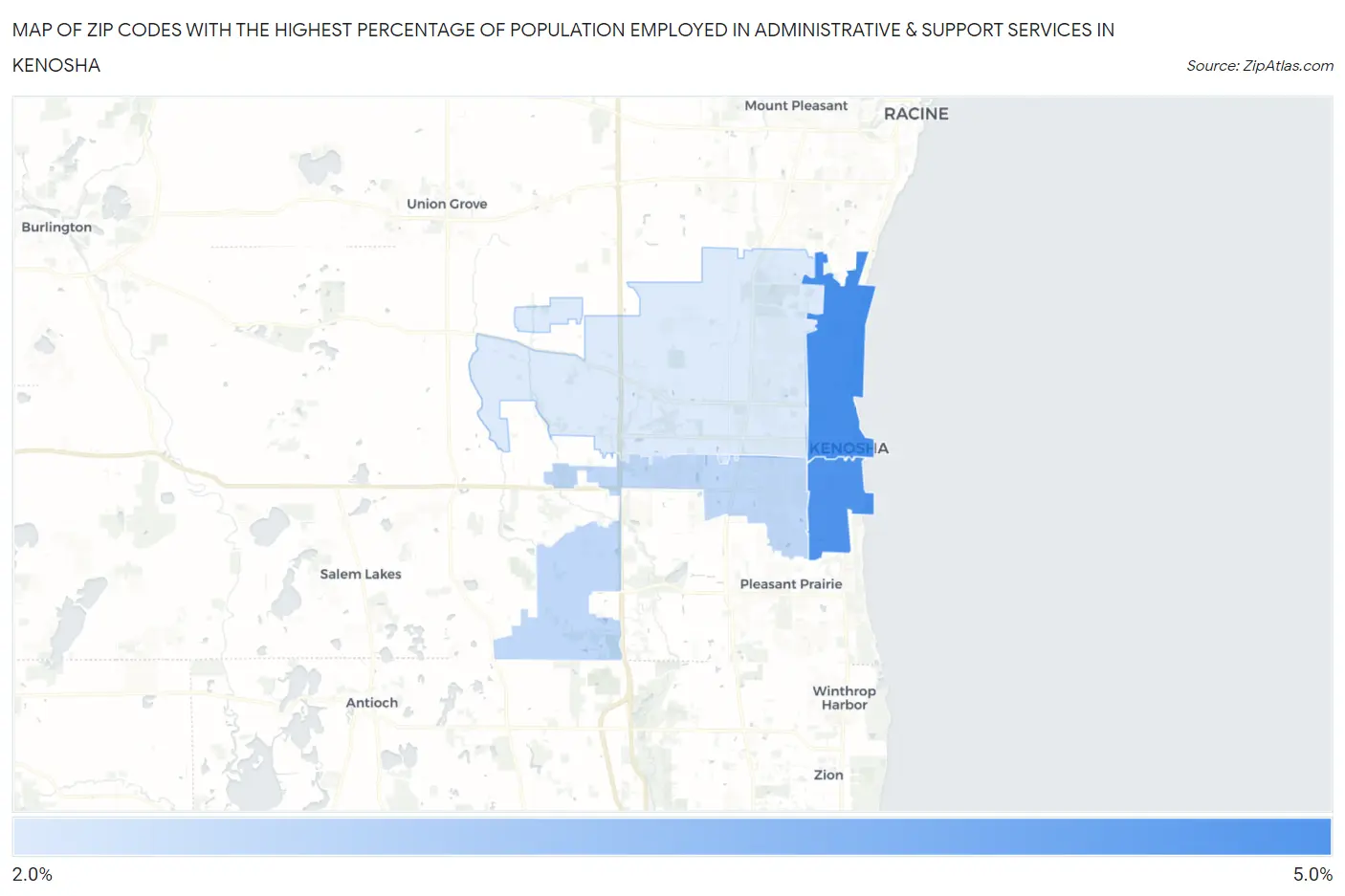 Zip Codes with the Highest Percentage of Population Employed in Administrative & Support Services in Kenosha Map