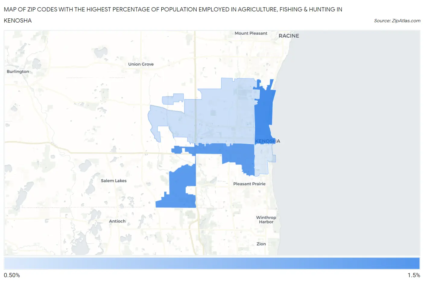Zip Codes with the Highest Percentage of Population Employed in Agriculture, Fishing & Hunting in Kenosha Map