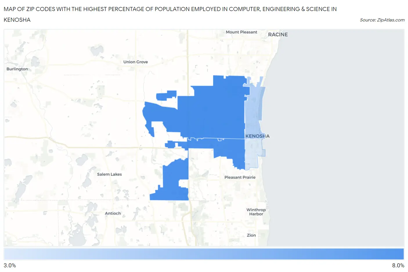 Zip Codes with the Highest Percentage of Population Employed in Computer, Engineering & Science in Kenosha Map
