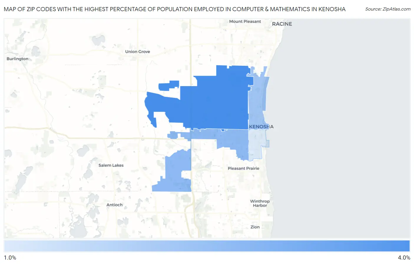 Zip Codes with the Highest Percentage of Population Employed in Computer & Mathematics in Kenosha Map