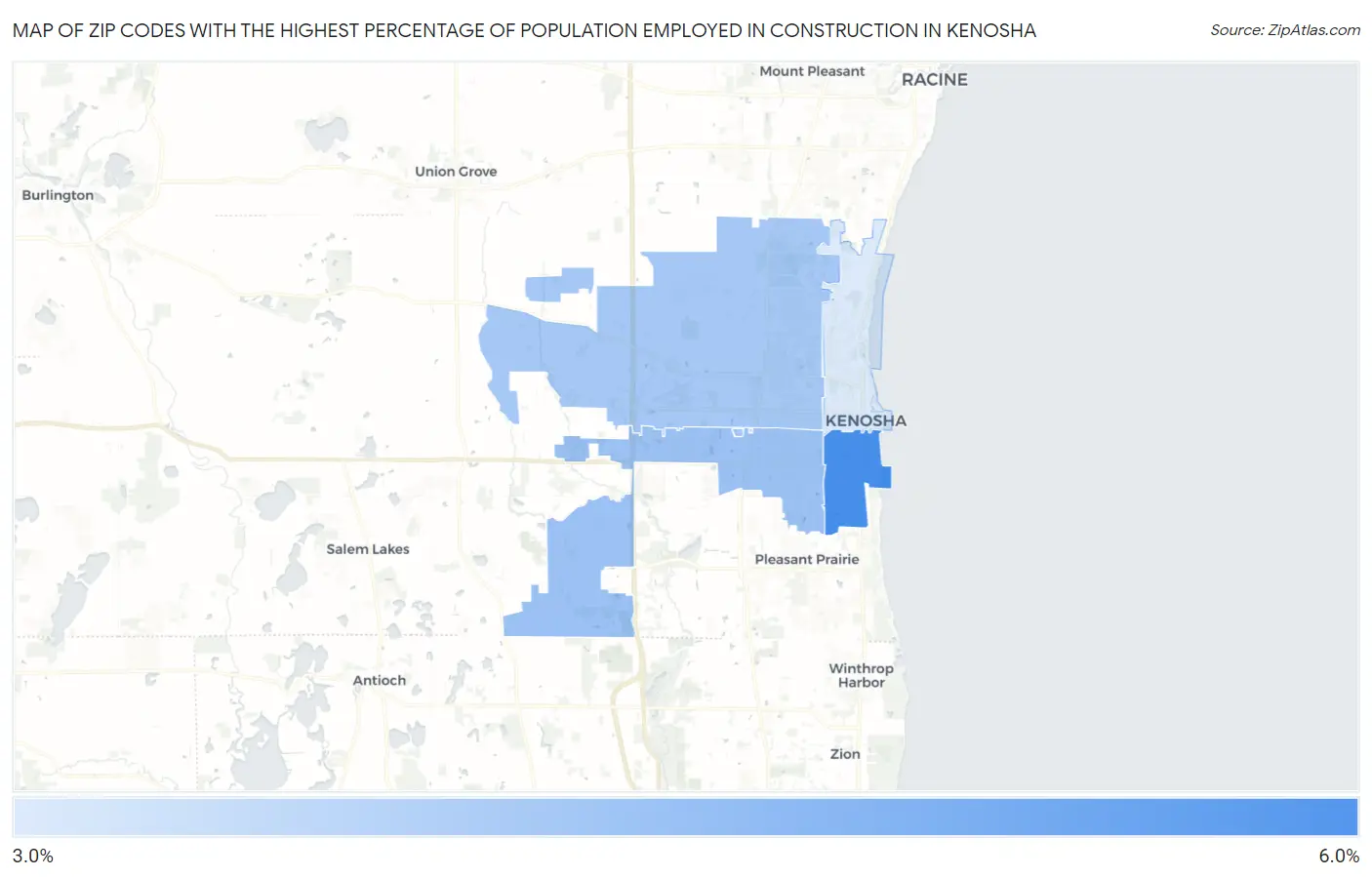 Zip Codes with the Highest Percentage of Population Employed in Construction in Kenosha Map