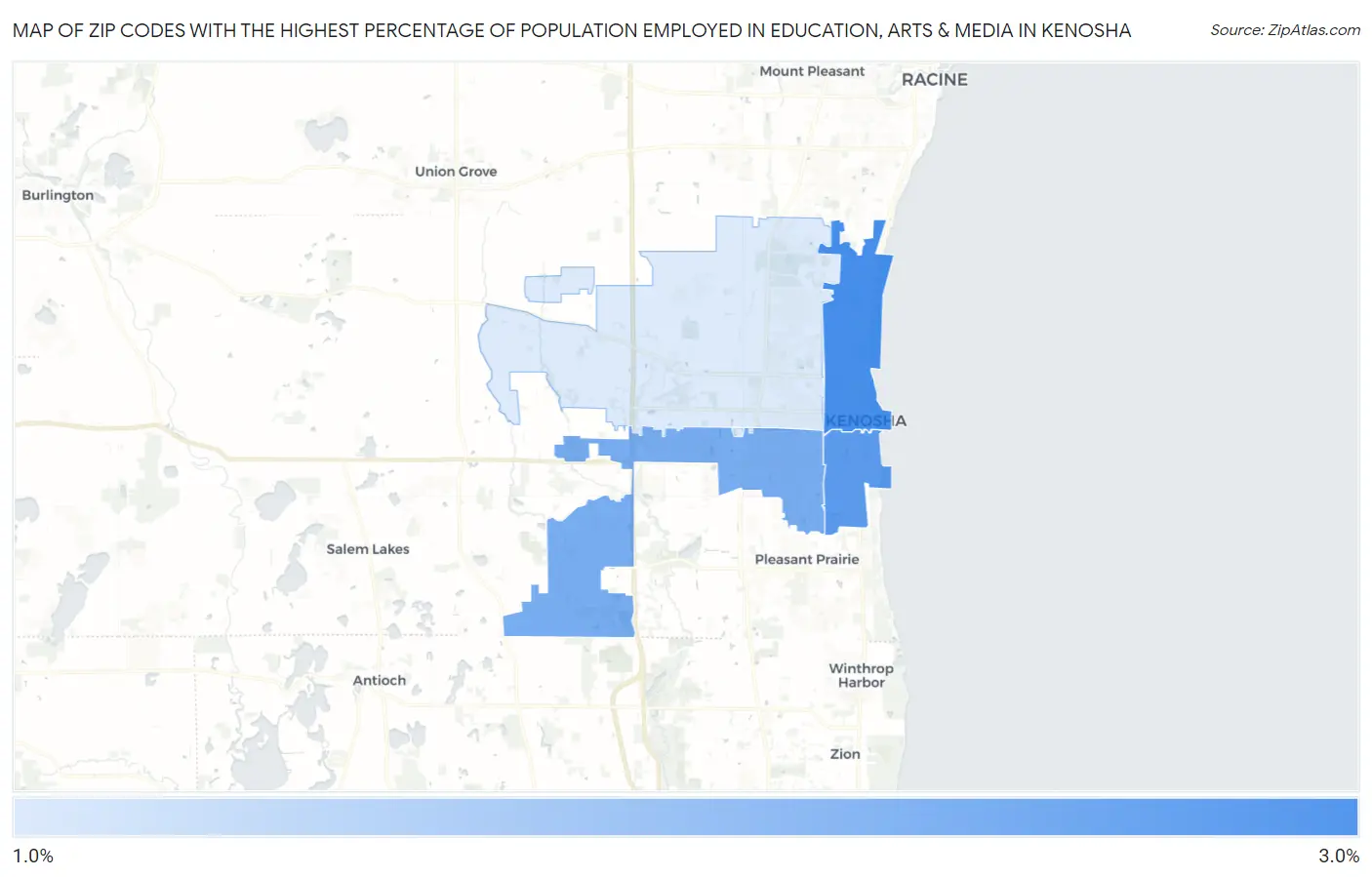 Zip Codes with the Highest Percentage of Population Employed in Education, Arts & Media in Kenosha Map