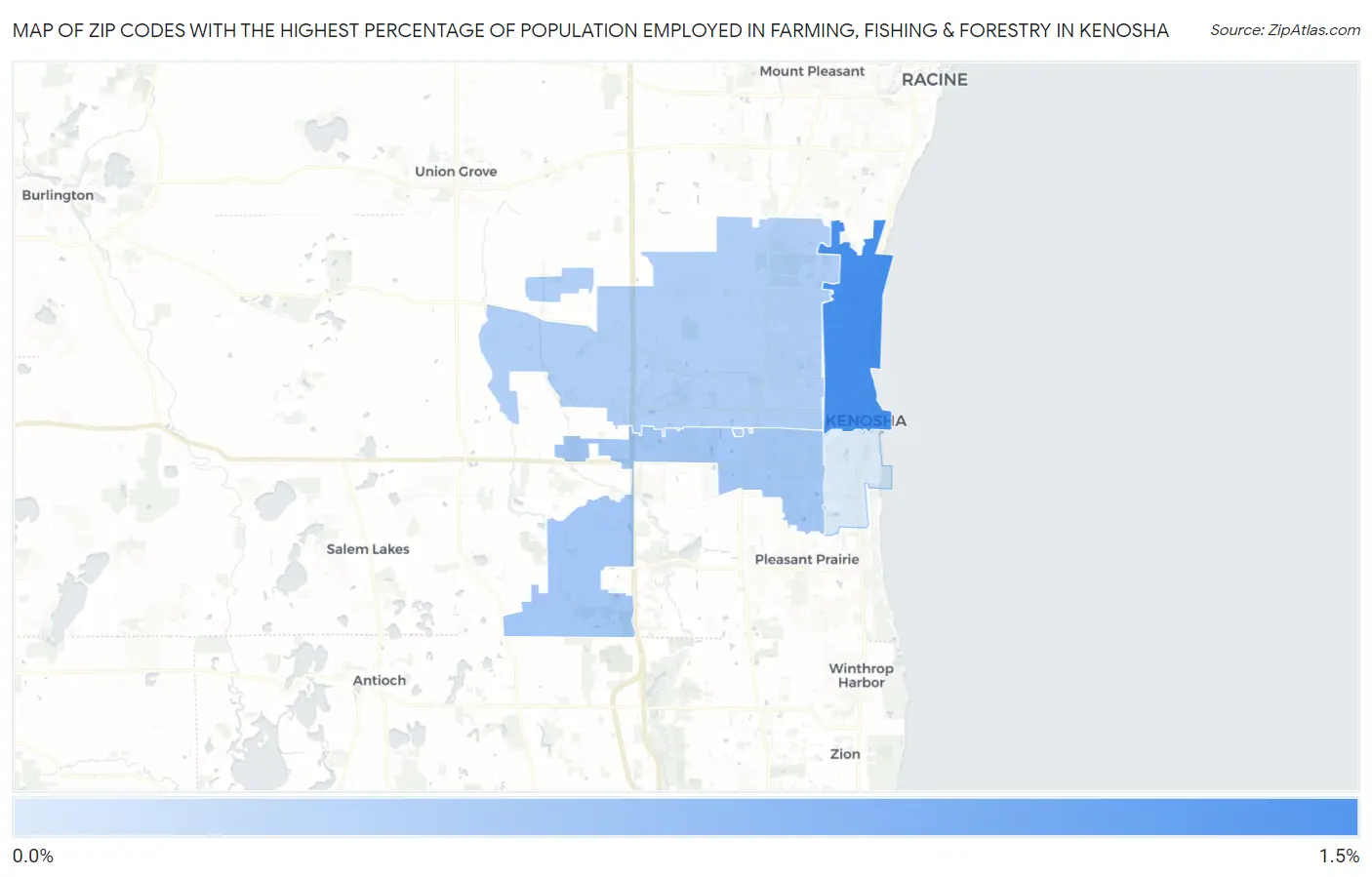 Zip Codes with the Highest Percentage of Population Employed in Farming, Fishing & Forestry in Kenosha Map