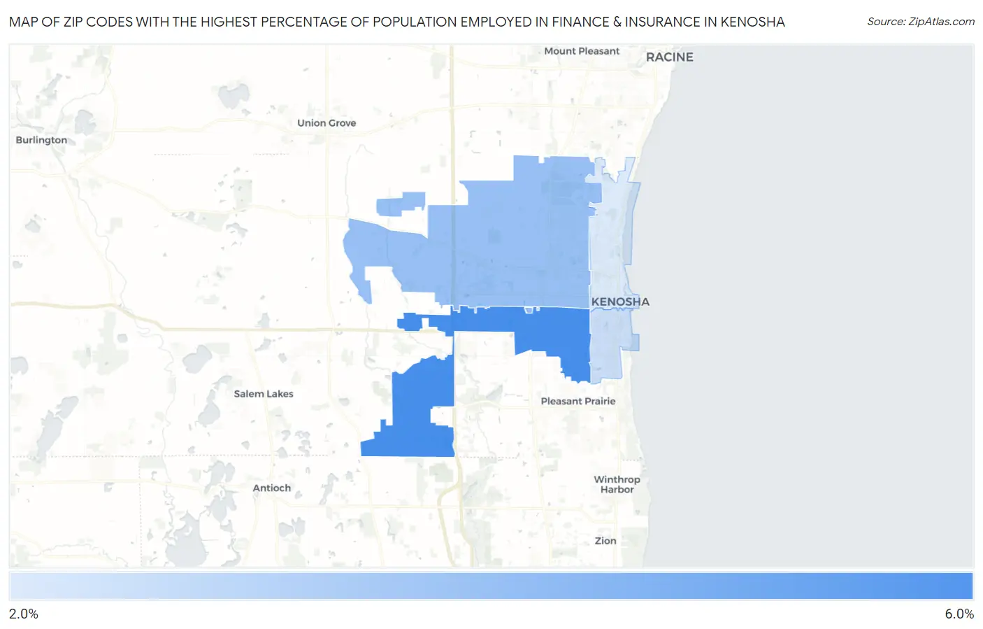 Zip Codes with the Highest Percentage of Population Employed in Finance & Insurance in Kenosha Map