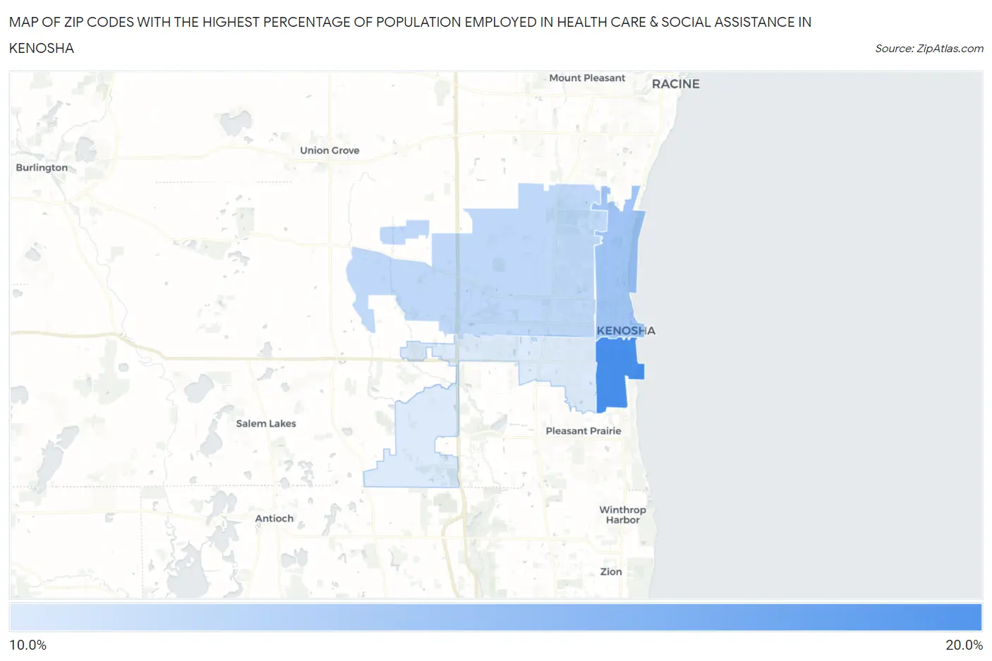 Zip Codes with the Highest Percentage of Population Employed in Health Care & Social Assistance in Kenosha Map