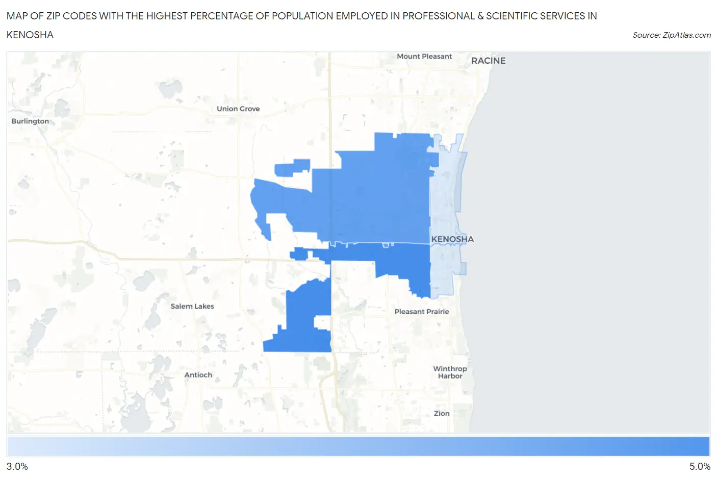 Zip Codes with the Highest Percentage of Population Employed in Professional & Scientific Services in Kenosha Map