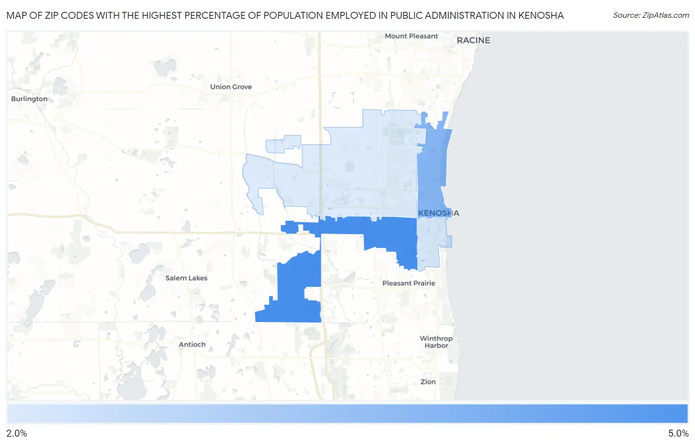 Zip Codes with the Highest Percentage of Population Employed in Public Administration in Kenosha Map