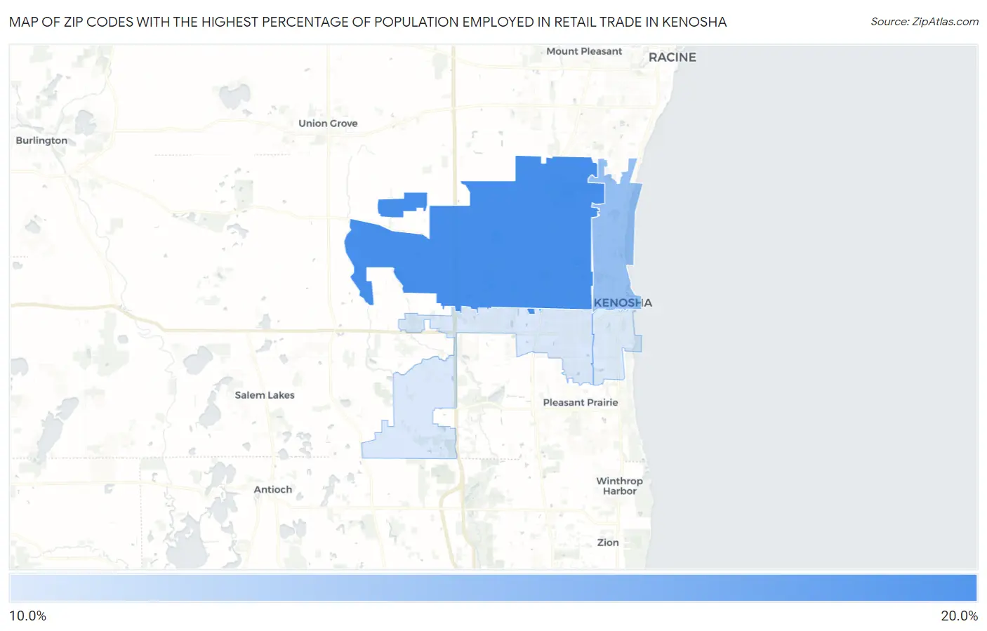 Zip Codes with the Highest Percentage of Population Employed in Retail Trade in Kenosha Map