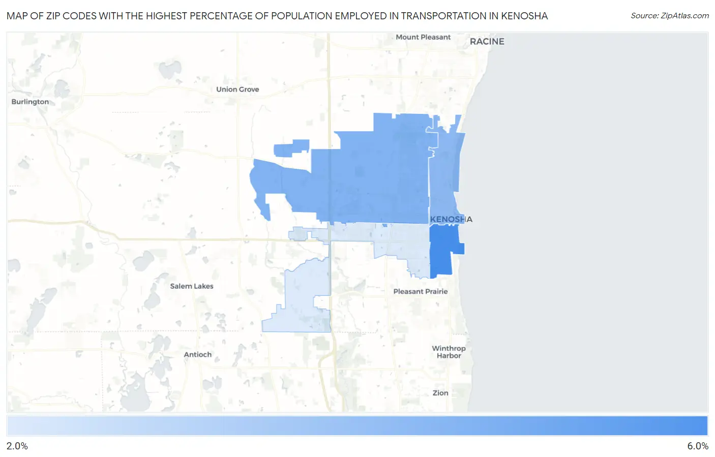 Zip Codes with the Highest Percentage of Population Employed in Transportation in Kenosha Map