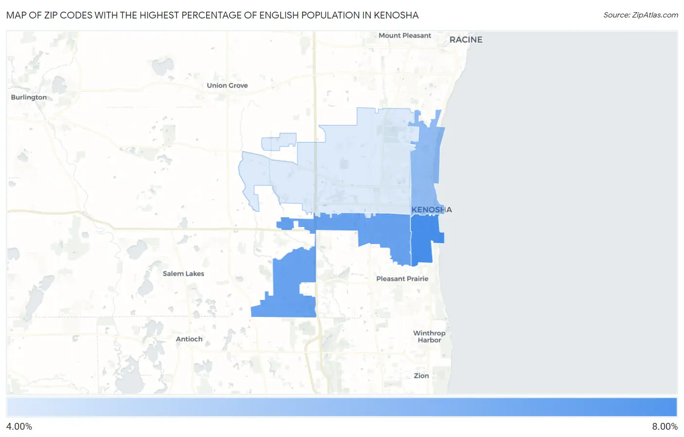Zip Codes with the Highest Percentage of English Population in Kenosha Map
