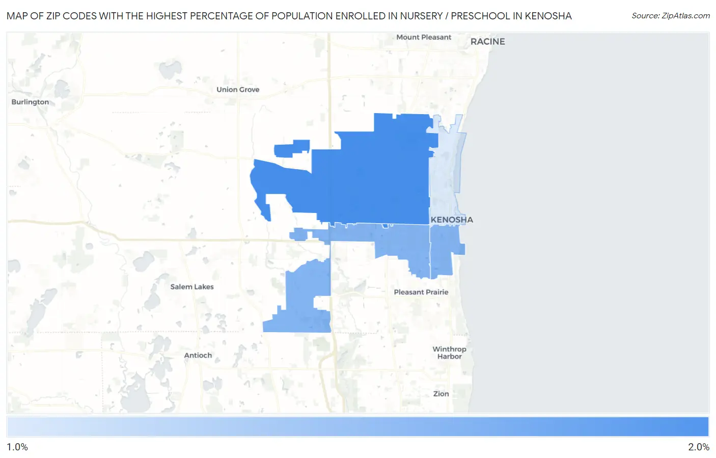 Zip Codes with the Highest Percentage of Population Enrolled in Nursery / Preschool in Kenosha Map