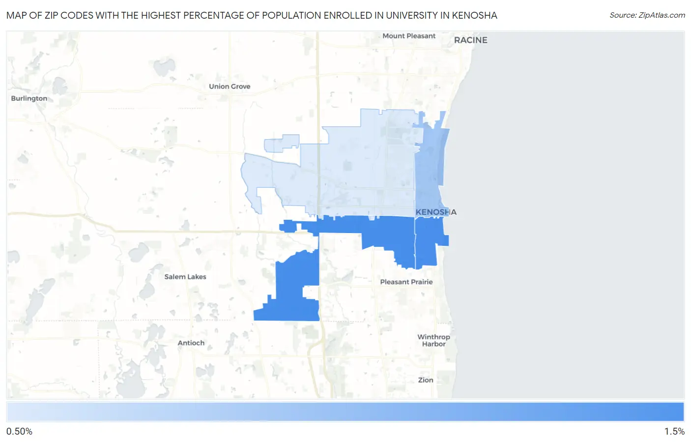 Zip Codes with the Highest Percentage of Population Enrolled in University in Kenosha Map