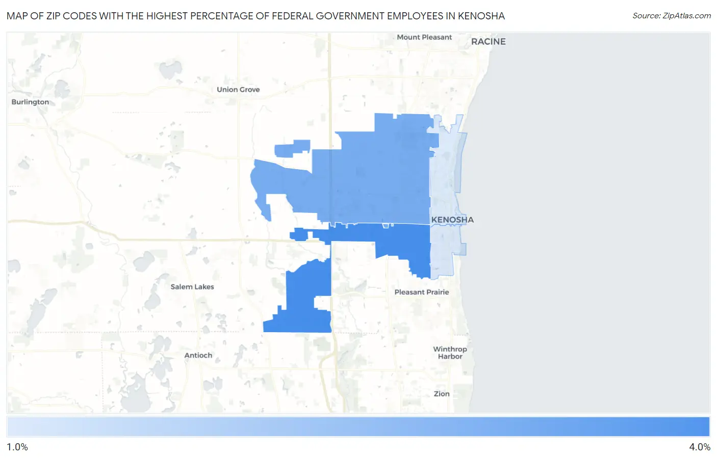 Zip Codes with the Highest Percentage of Federal Government Employees in Kenosha Map