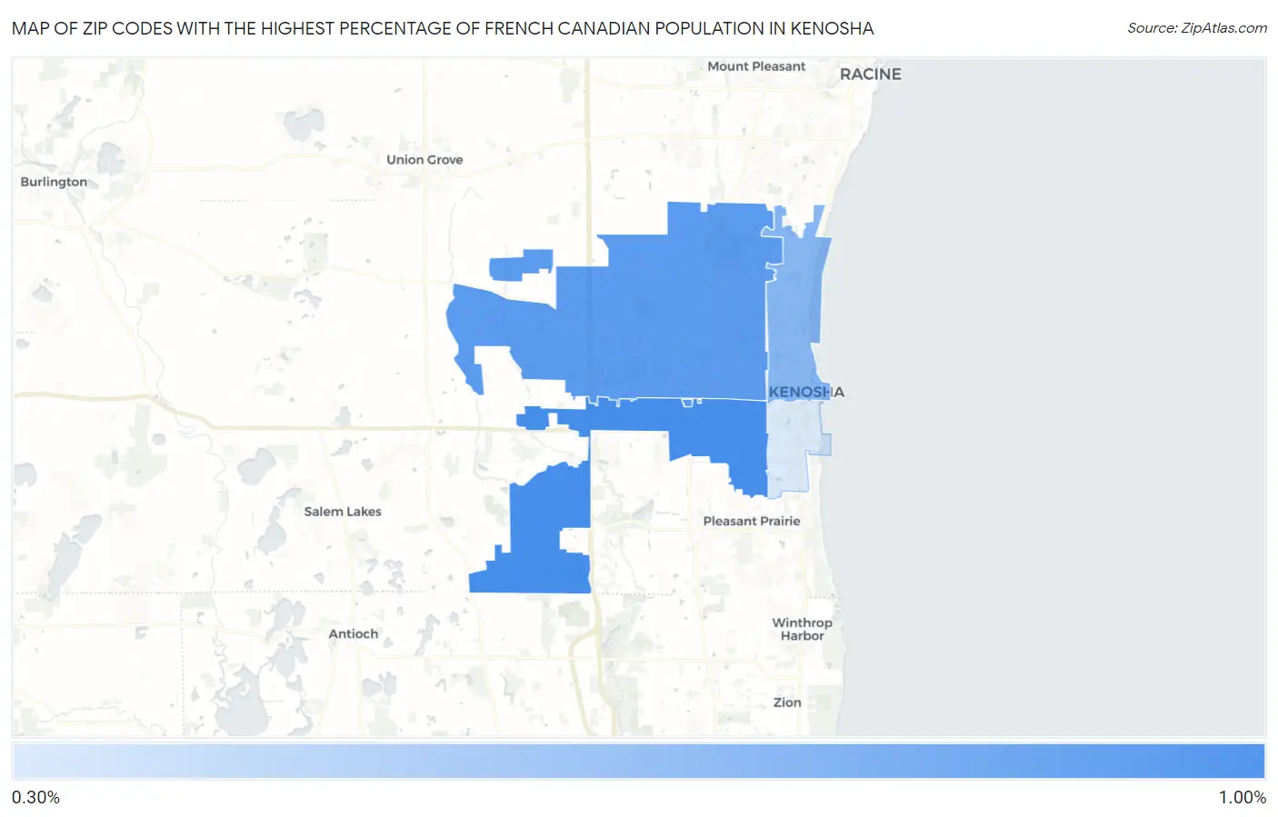 Zip Codes with the Highest Percentage of French Canadian Population in Kenosha Map