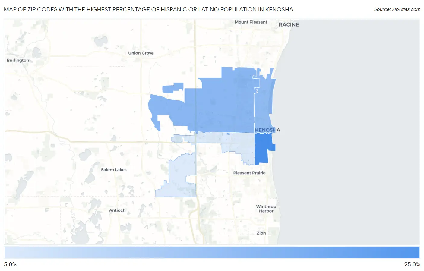 Zip Codes with the Highest Percentage of Hispanic or Latino Population in Kenosha Map