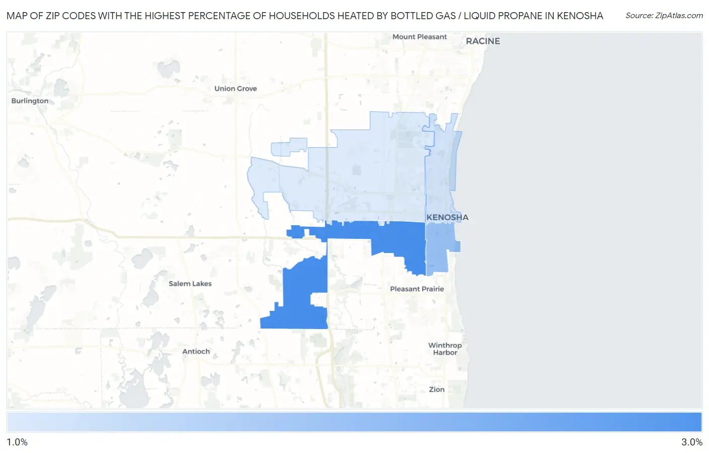 Zip Codes with the Highest Percentage of Households Heated by Bottled Gas / Liquid Propane in Kenosha Map