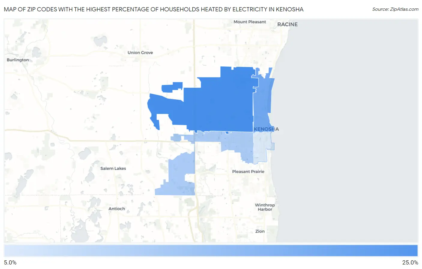 Zip Codes with the Highest Percentage of Households Heated by Electricity in Kenosha Map