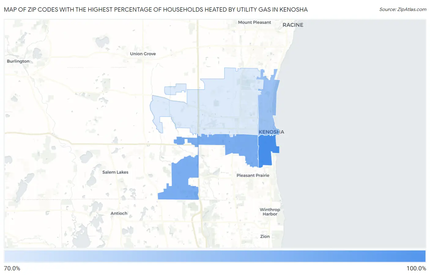 Zip Codes with the Highest Percentage of Households Heated by Utility Gas in Kenosha Map