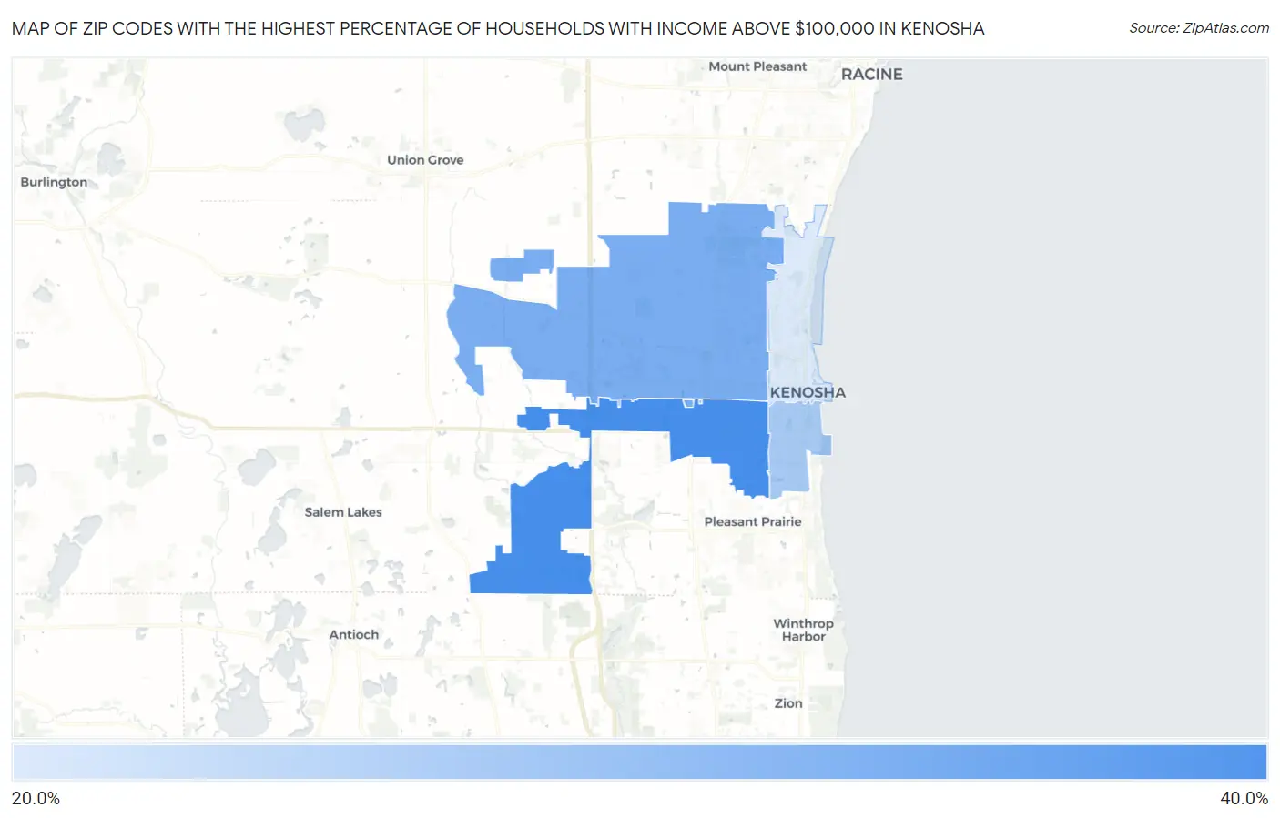 Zip Codes with the Highest Percentage of Households with Income Above $100,000 in Kenosha Map