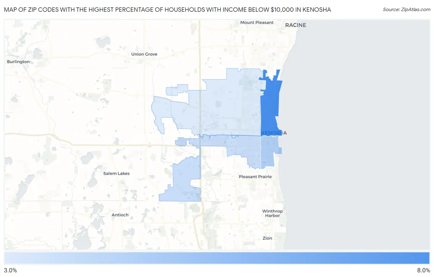 Zip Codes with the Highest Percentage of Households with Income Below $10,000 in Kenosha Map
