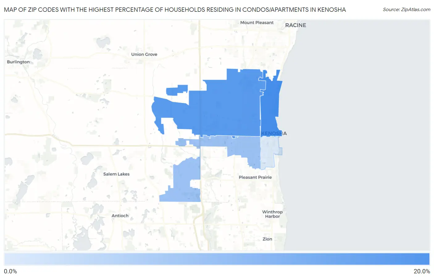 Zip Codes with the Highest Percentage of Households Residing in Condos/Apartments in Kenosha Map