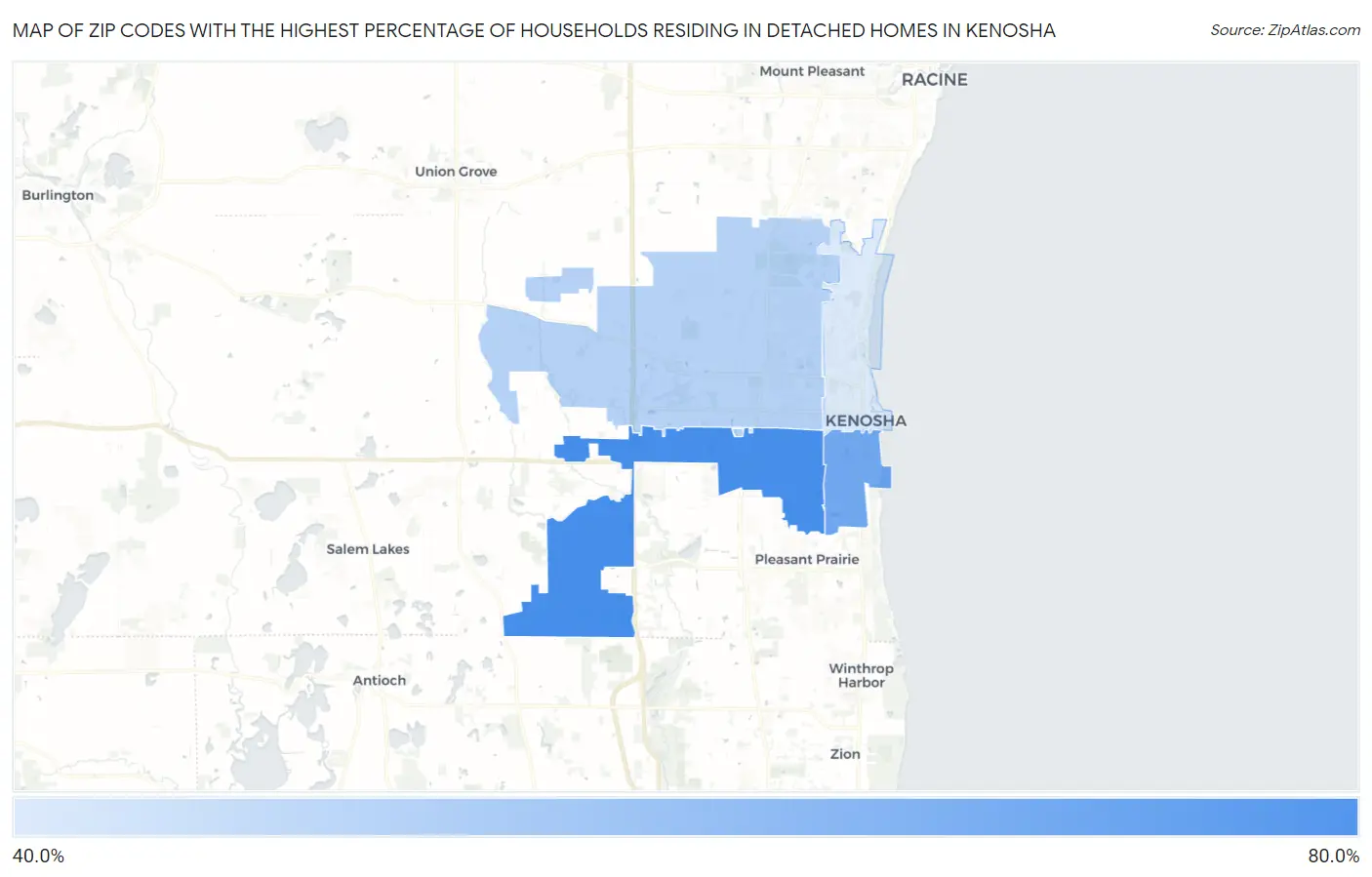 Zip Codes with the Highest Percentage of Households Residing in Detached Homes in Kenosha Map
