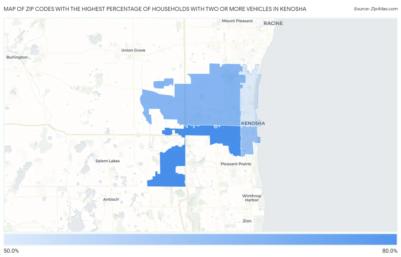 Zip Codes with the Highest Percentage of Households With Two or more Vehicles in Kenosha Map