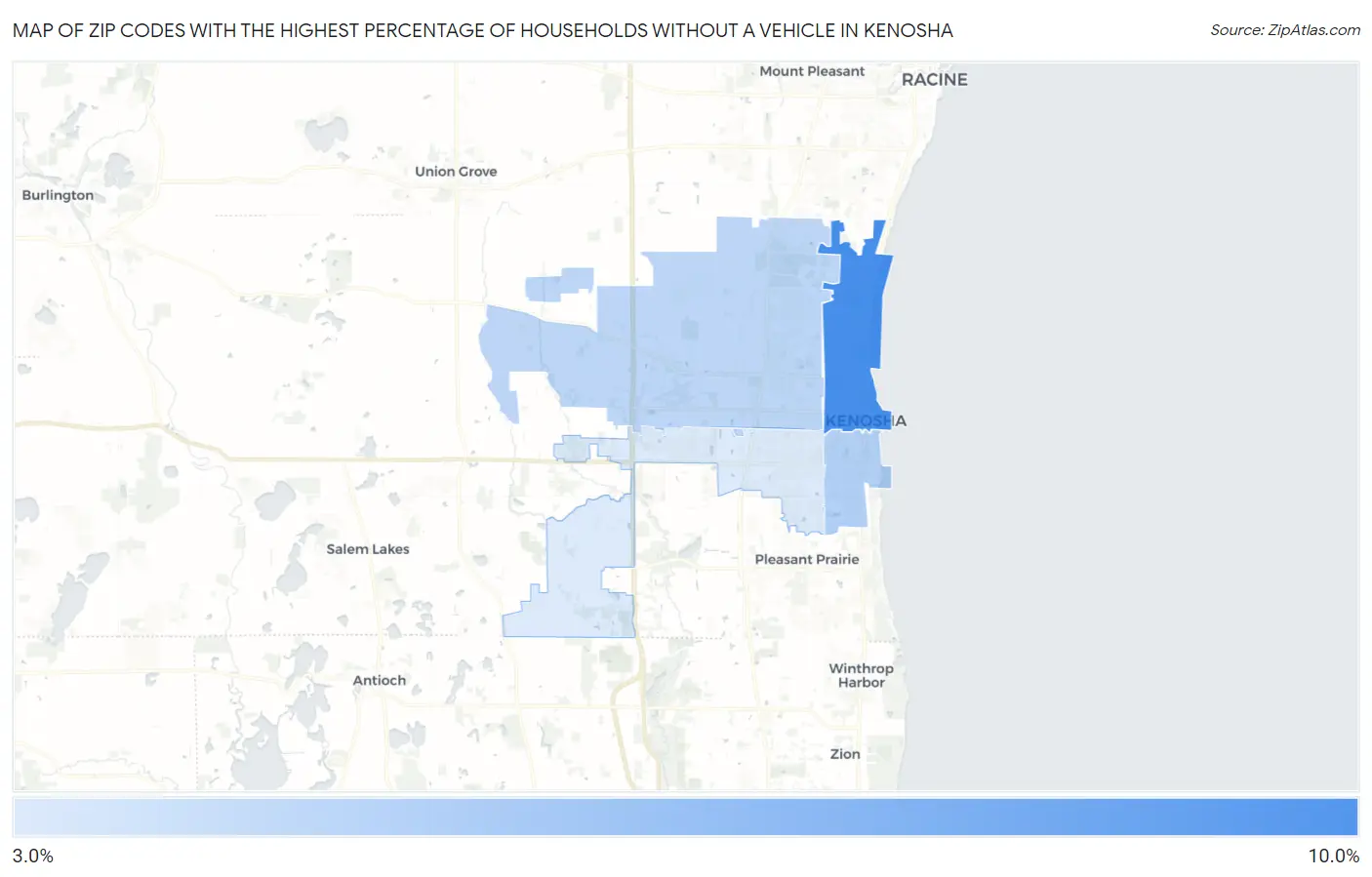 Zip Codes with the Highest Percentage of Households Without a Vehicle in Kenosha Map