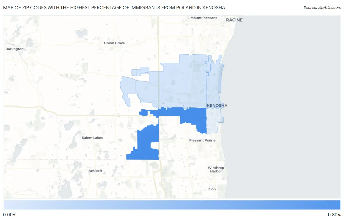 Zip Codes with the Highest Percentage of Immigrants from Poland in Kenosha Map