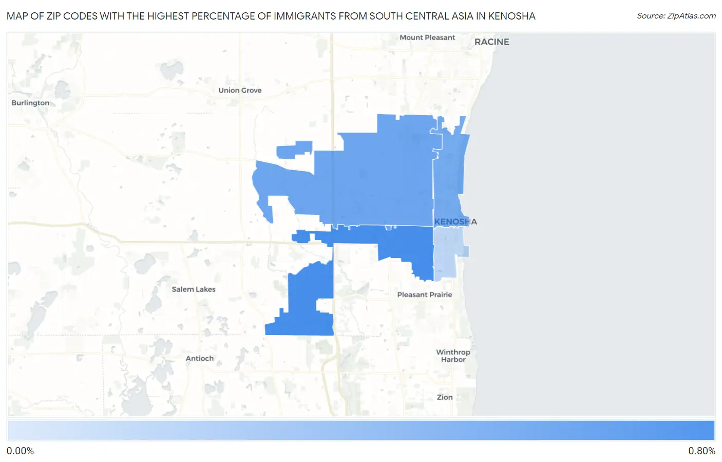 Zip Codes with the Highest Percentage of Immigrants from South Central Asia in Kenosha Map