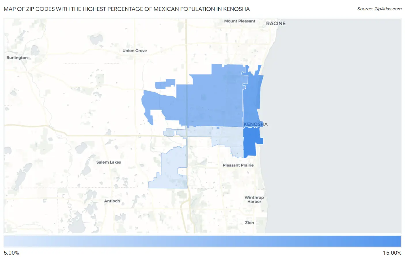 Zip Codes with the Highest Percentage of Mexican Population in Kenosha Map