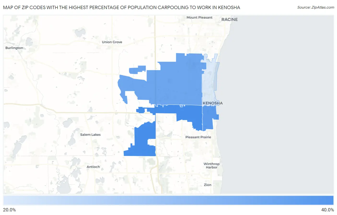 Zip Codes with the Highest Percentage of Population Carpooling to Work in Kenosha Map