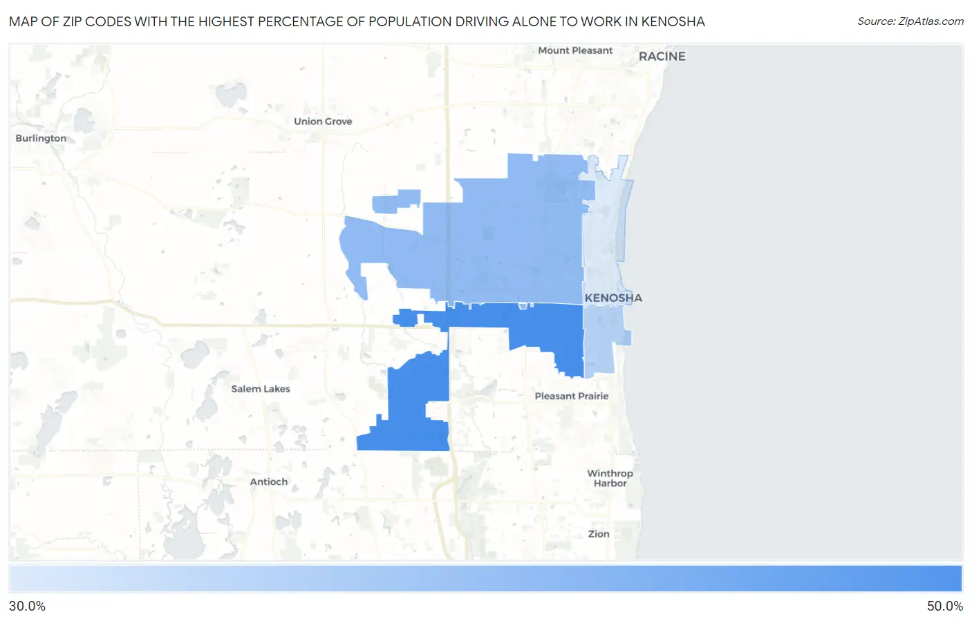 Zip Codes with the Highest Percentage of Population Driving Alone to Work in Kenosha Map