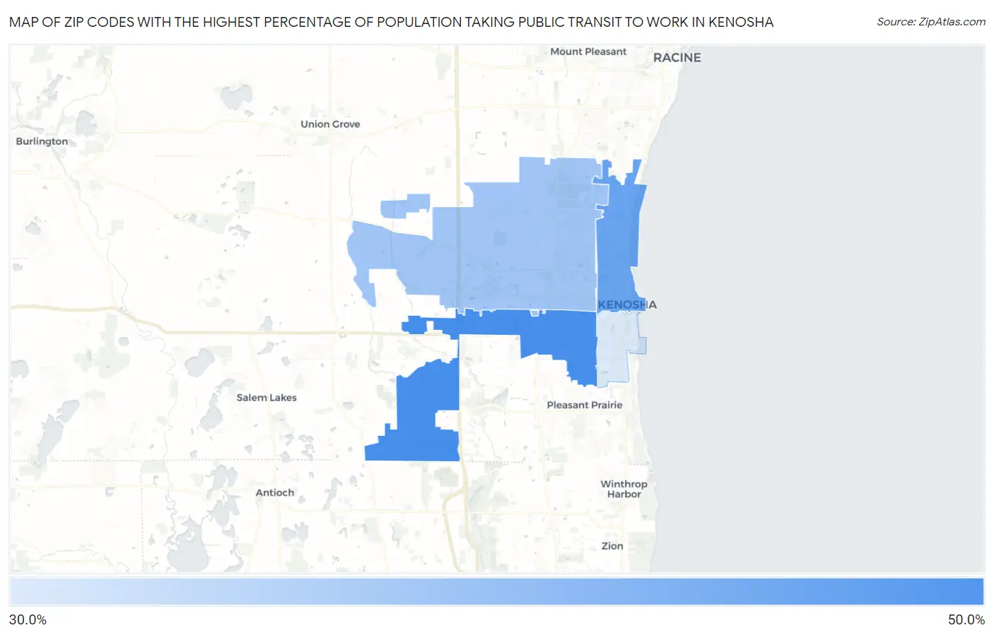 Zip Codes with the Highest Percentage of Population Taking Public Transit to Work in Kenosha Map